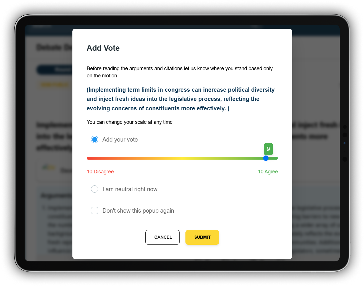 DebateBase mobile interface showing dynamic sentiment scale and interactive debate voting features